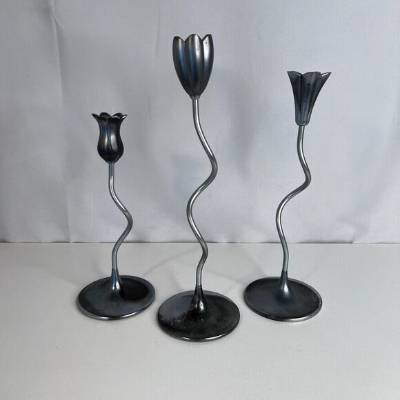 Partylite Trio of Dancing Flowers Slim Candle Holder Sticks Silver Metal-Retired - Picture 12 of 15
